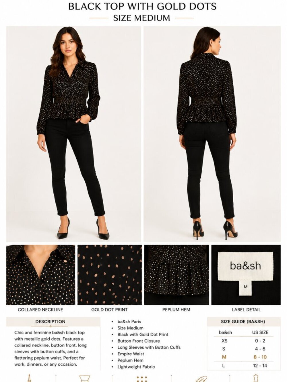 BA&SH BLACK GOLD DOT PEPLUM BLOUSE MEDIUM